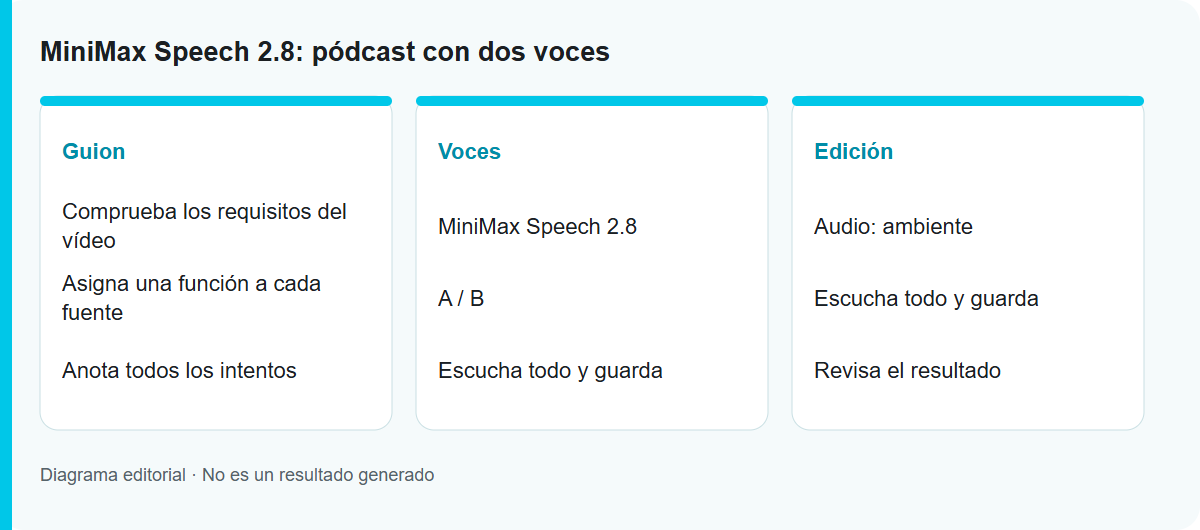 MiniMax Speech 2.8: pódcast con dos voces: Diagrama del proceso, no un resultado probado del modelo