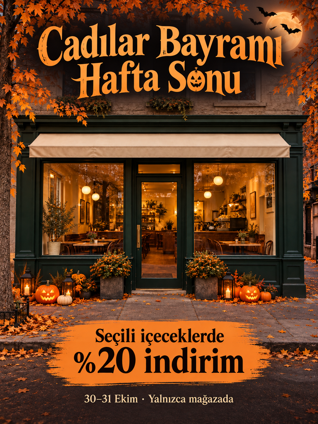 Kafe cephesini merkeze alan Cadılar Bayramı kampanya afişi