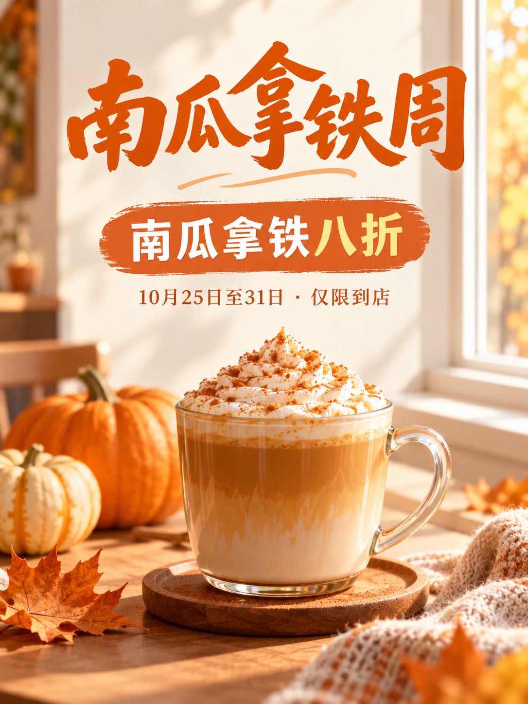 突出南瓜拿铁八折的暖色咖啡店海报