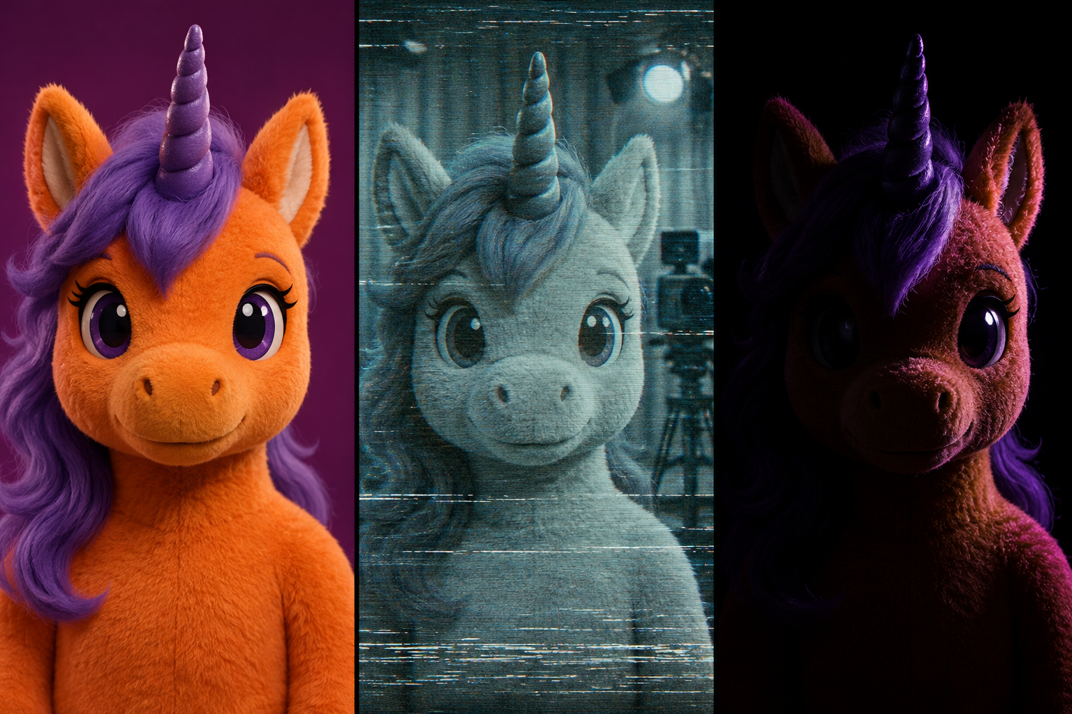 Comparación en tres paneles: avatar de unicornio naranja luminoso, versión VHS desvaída y retrato con medio rostro en sombras