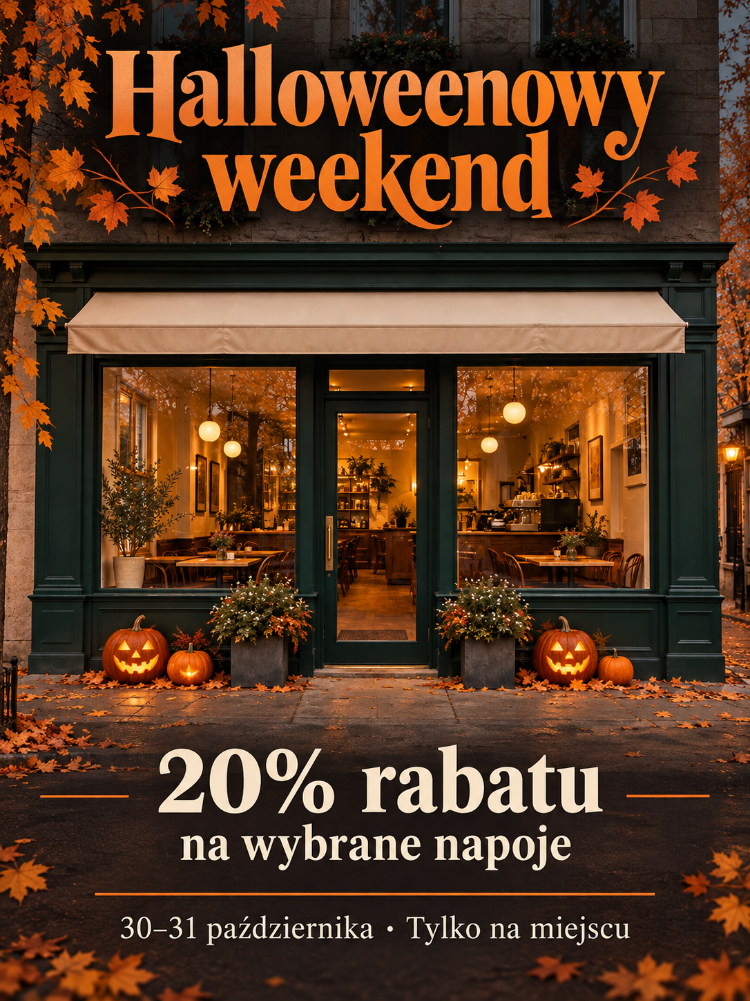 Plakat promocji halloweenowej z fasadą kawiarni
