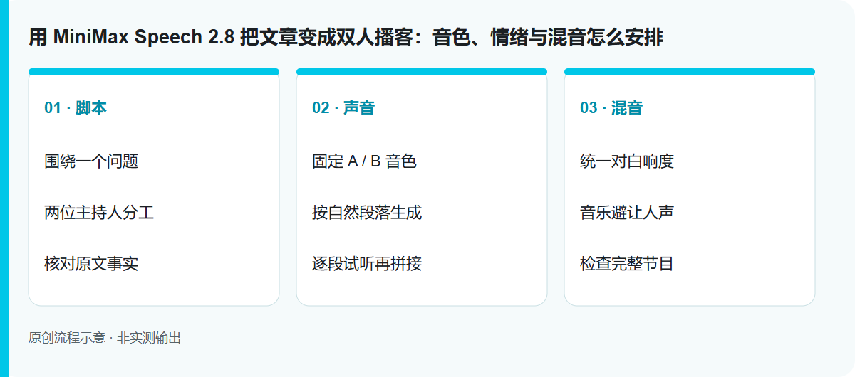 用 MiniMax Speech 2.8 把文章变成双人播客：音色、情绪与混音怎么安排: 原创流程示意，非模型实测输出
