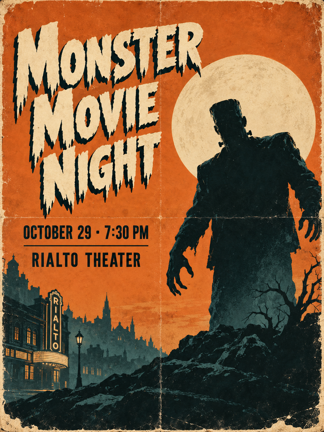 A vintage movie-night poster in orange and teal