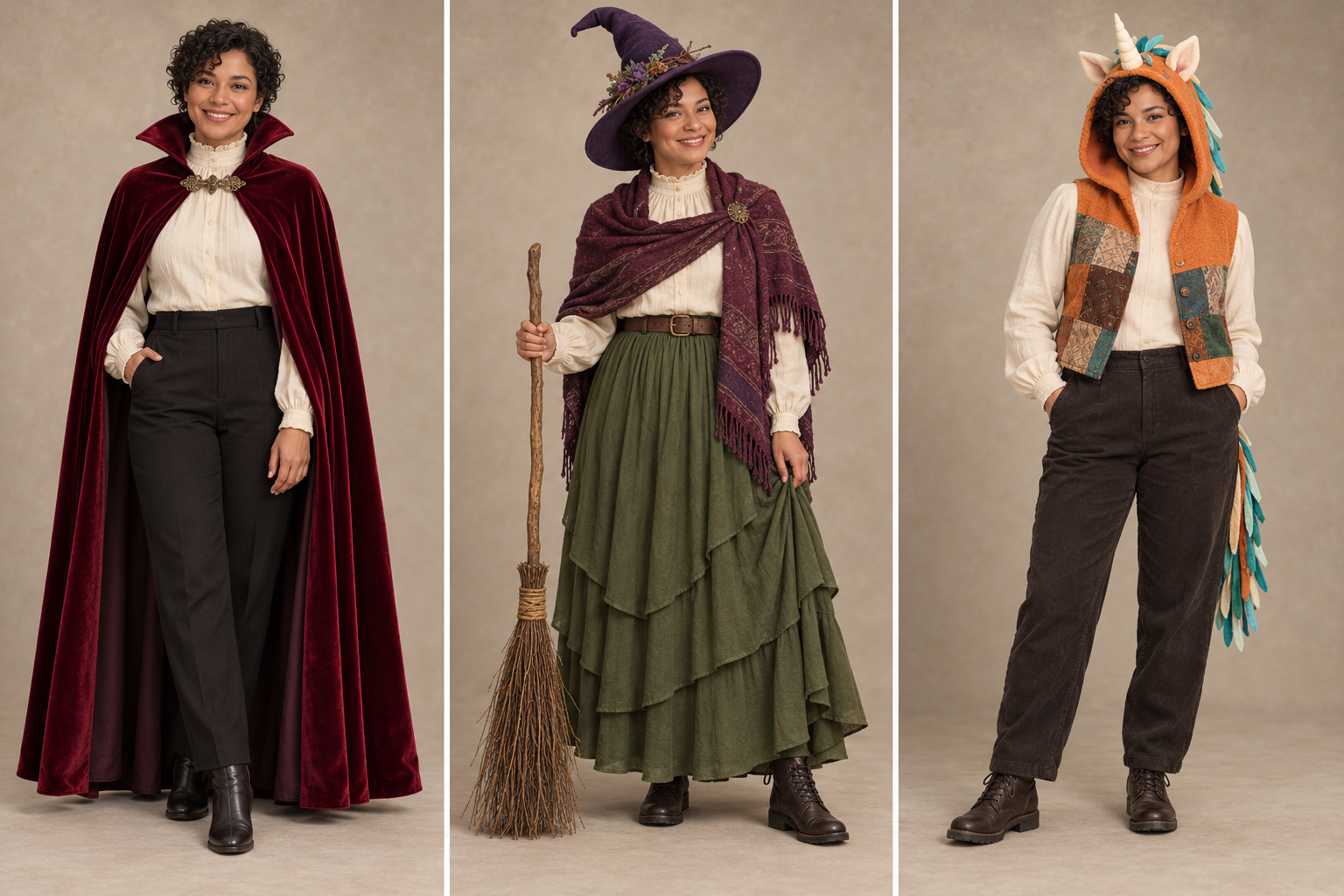 Tre costumi originali: mantello da vampiro, abito da strega del bosco e cappuccio da unicorno con viso scoperto