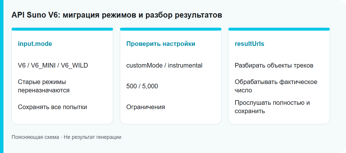 API Suno V6: миграция режимов и разбор результатов: Схема процесса, не проверенный результат модели