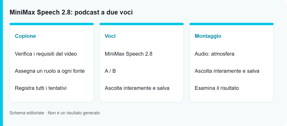 MiniMax Speech 2.8: podcast a due voci: Schema del processo, non un risultato del modello testato