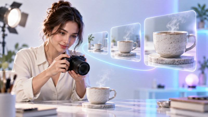 A woman with a camera beside a steaming cup and floating panels showing progressively closer views