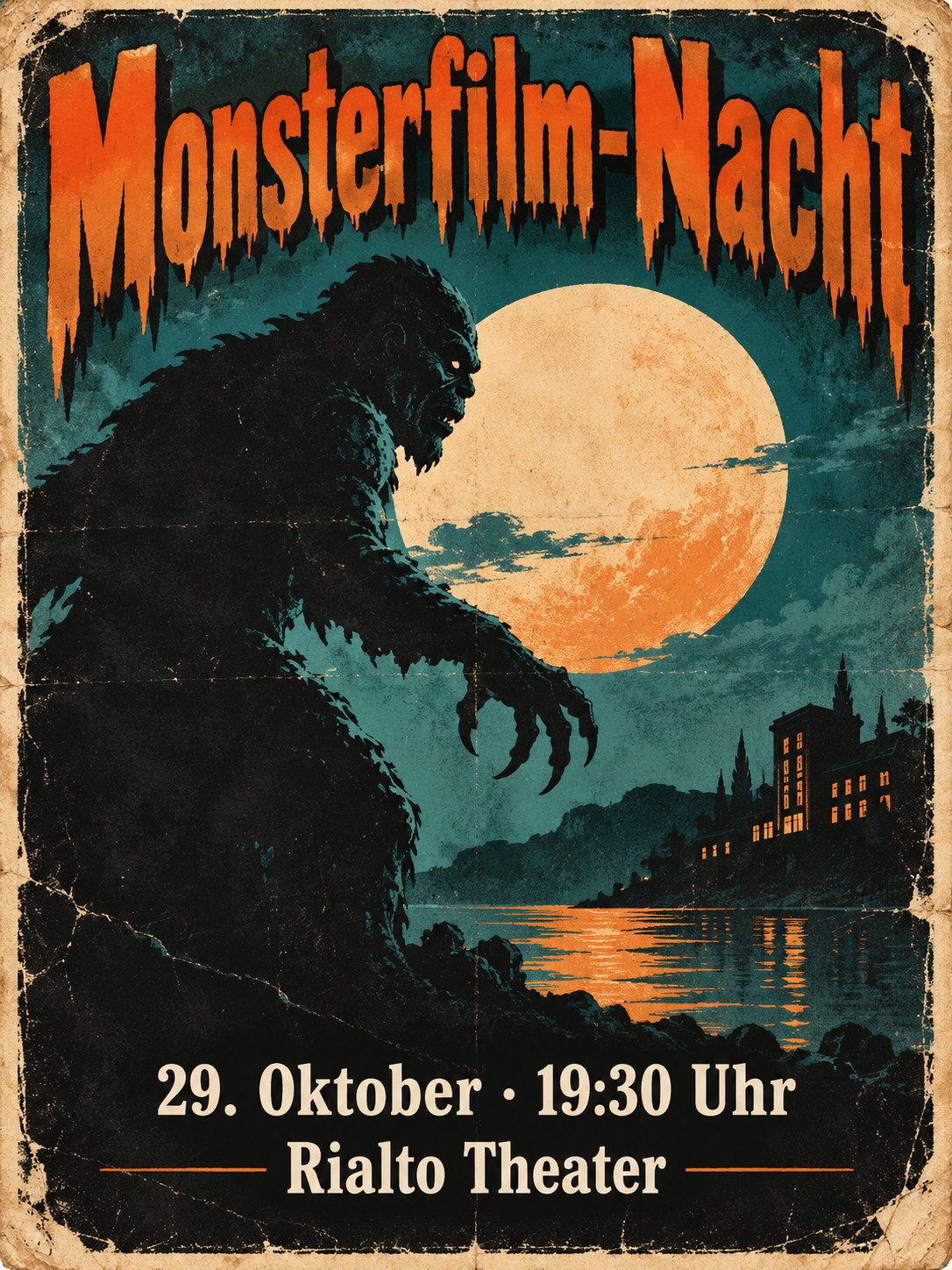 Retro-Filmplakat in Orange und Petrol