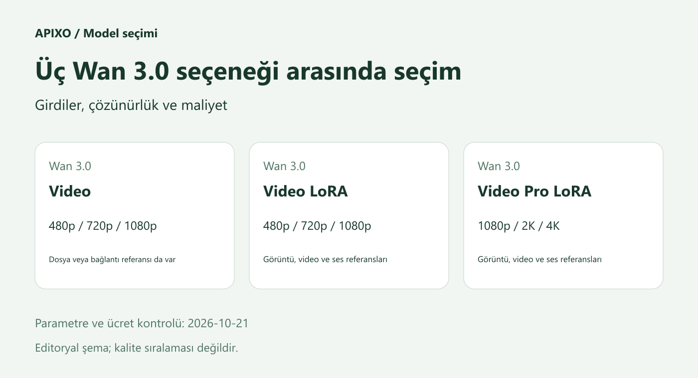 Üç Wan 3.0 seçeneğinin çözünürlüklerini ve referans türlerini karşılaştıran kapak