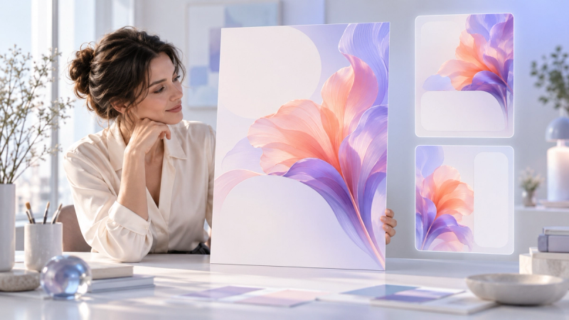 A creator reviewing a flower poster and floating glass layout cards with blank areas for text