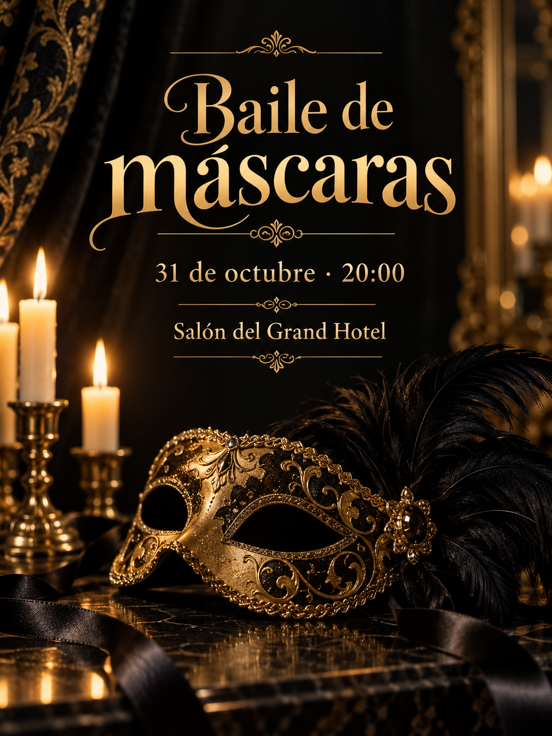 Cartel de baile de máscaras en negro y dorado con velas