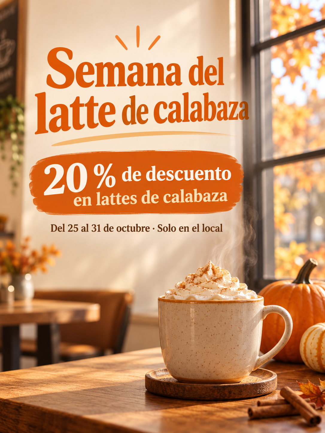 Cartel cálido con una oferta de latte de calabaza