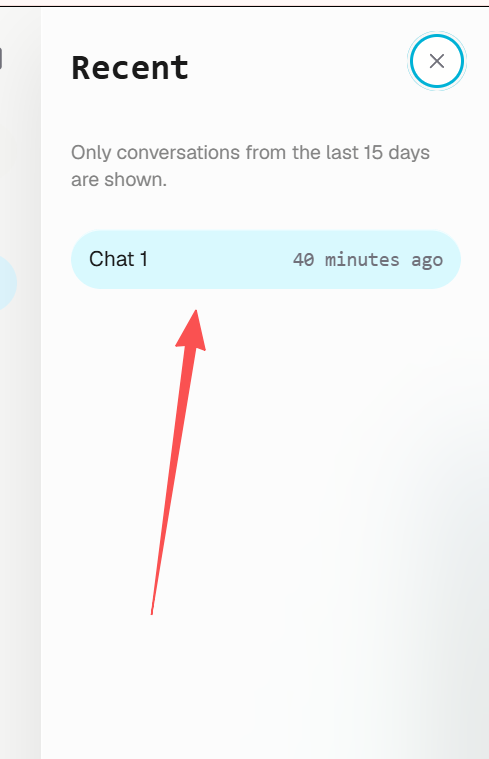 APIXO Recent panel with an arrow pointing to a conversation and a notice about the last 15 days
