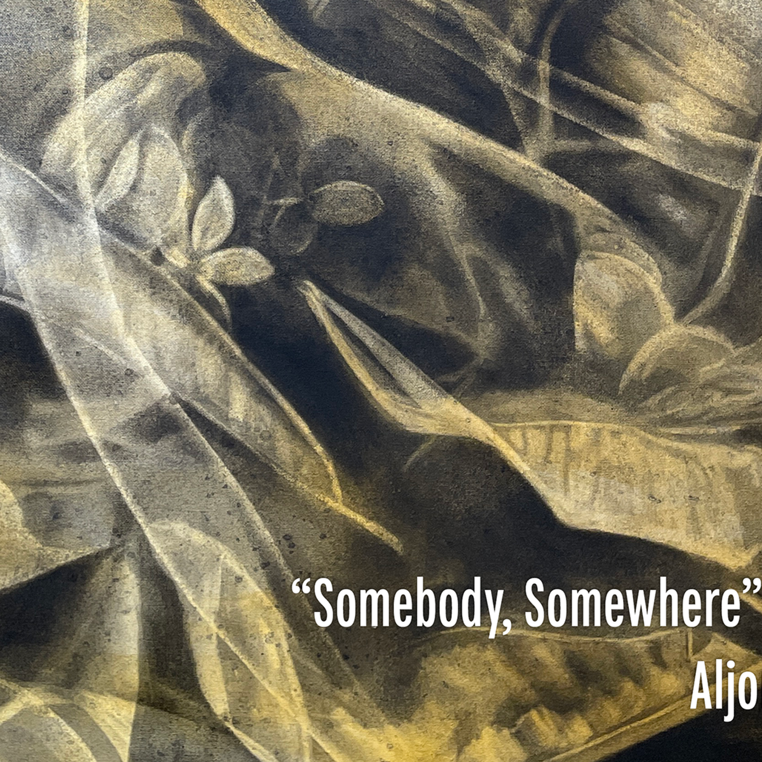Detail of drawing by Aljon Tacata depicting leaves and flowers in shades of yellow, white, gray, and black.