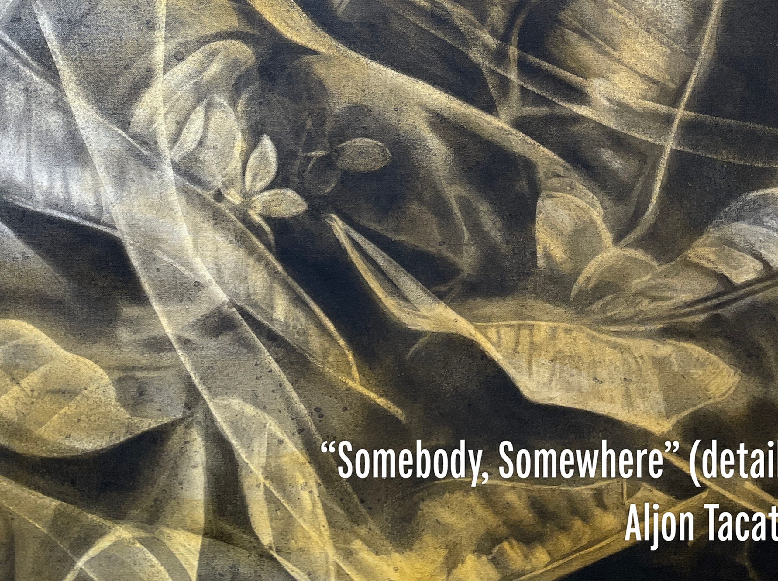 Detail of drawing by Aljon Tacata depicting leaves and flowers in shades of yellow, white, gray, and black.