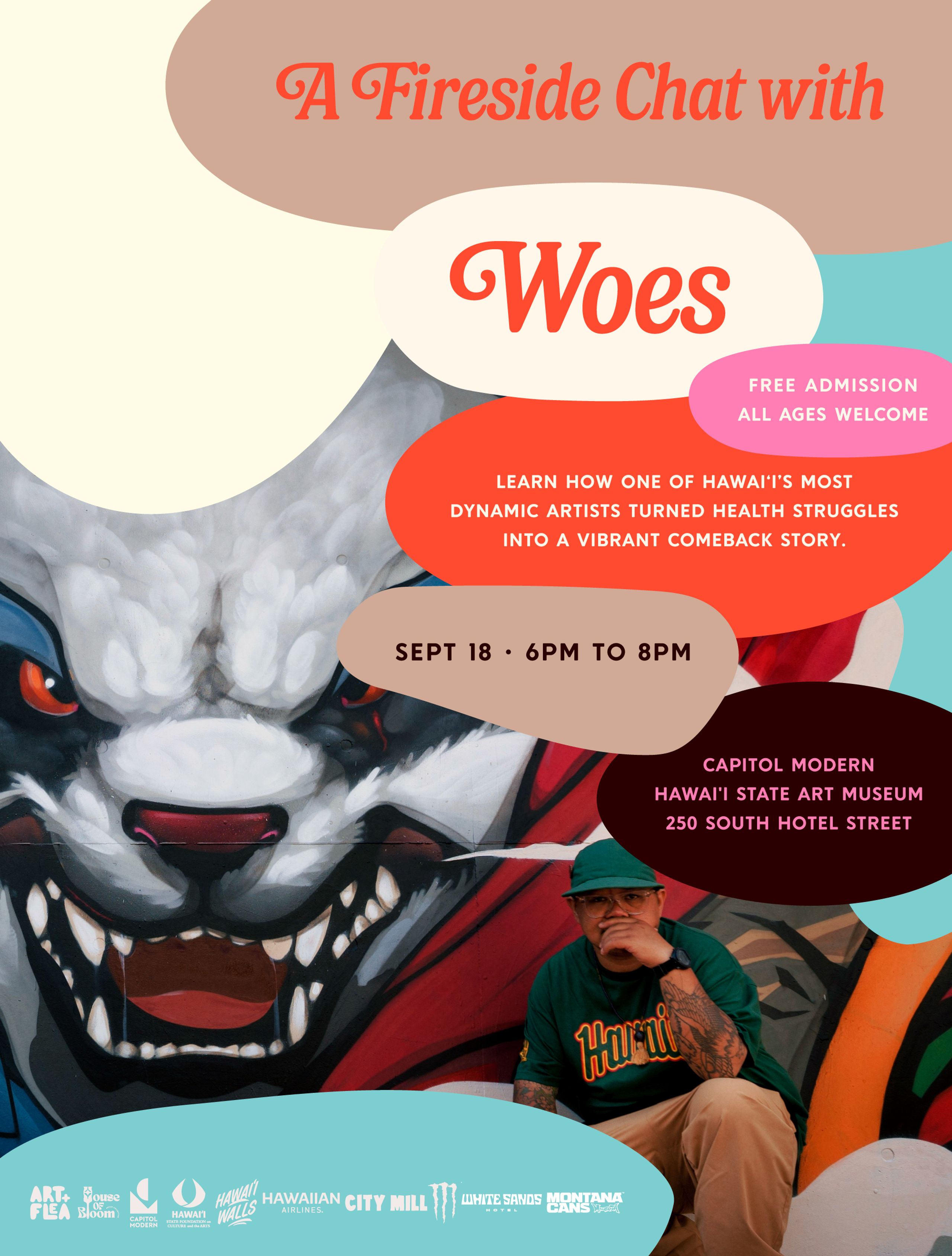 A flyer for the event with an image of artist, Woes, and one of his paintings