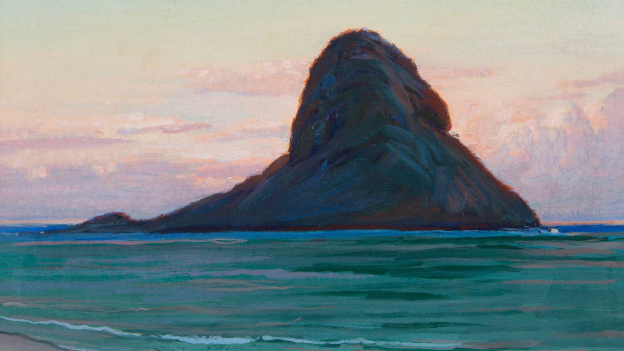 Painting of an island surrounded by ocean with the text "in Hawai'i"