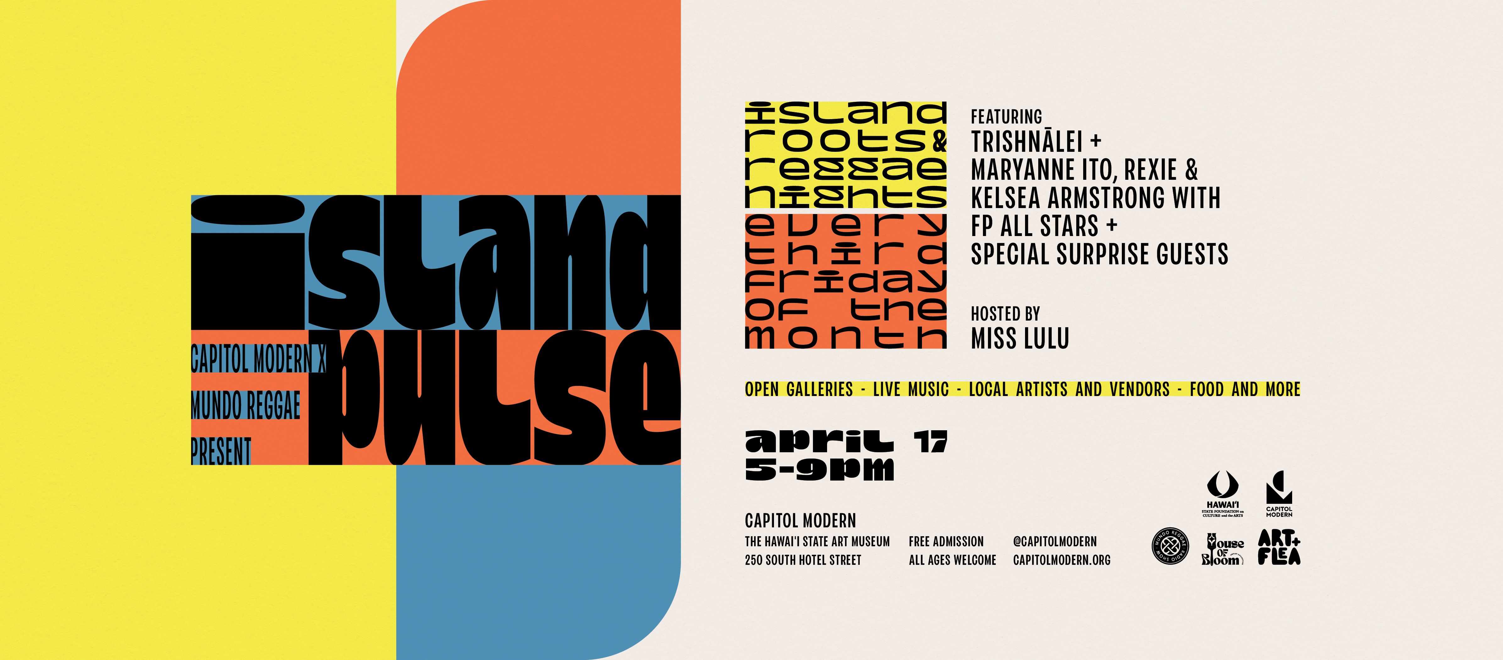 promo graphic for island pulse april 17 featuring trishnalei, maryanne ito, rexie and kelsea armsrong with f p all stars and special surprise guests.