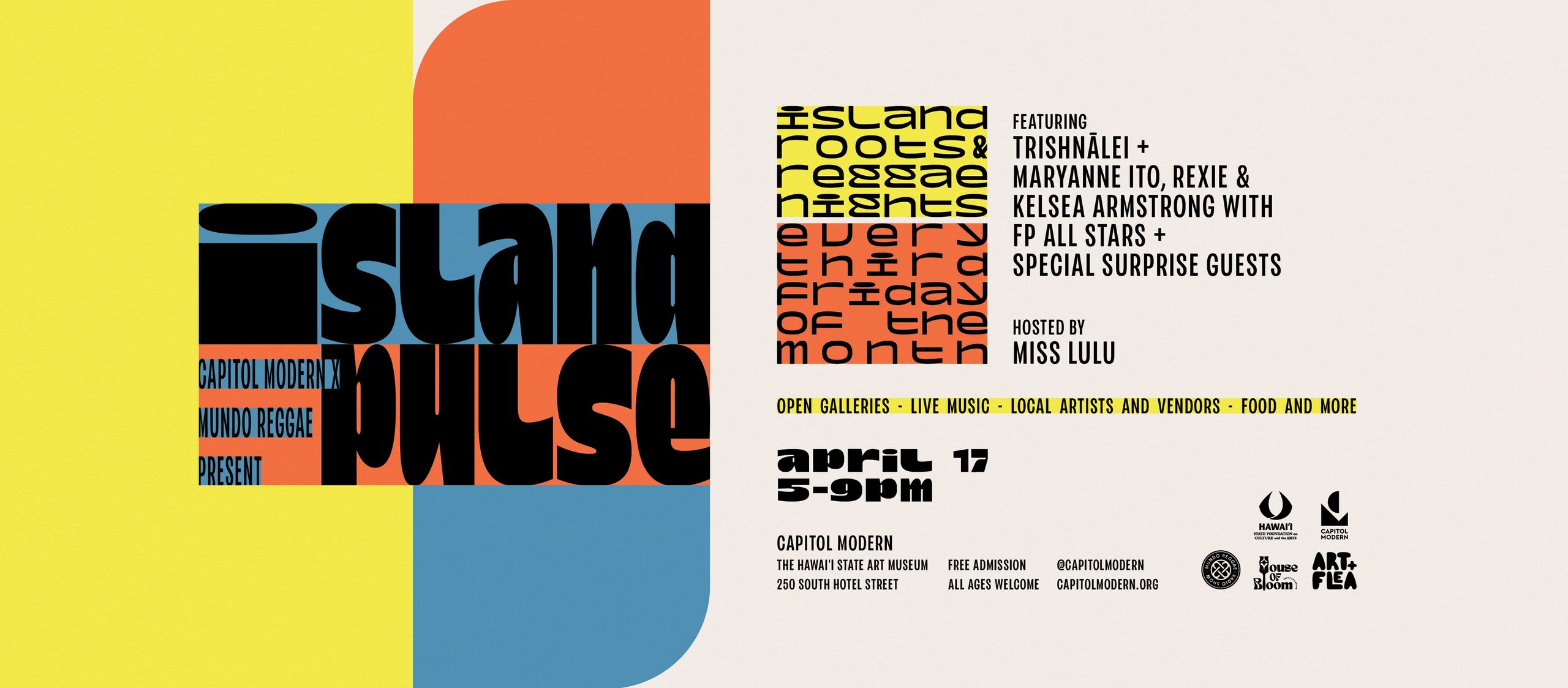 promo graphic for island pulse april 17 featuring trishnalei, maryanne ito, rexie and kelsea armsrong with f p all stars and special surprise guests.