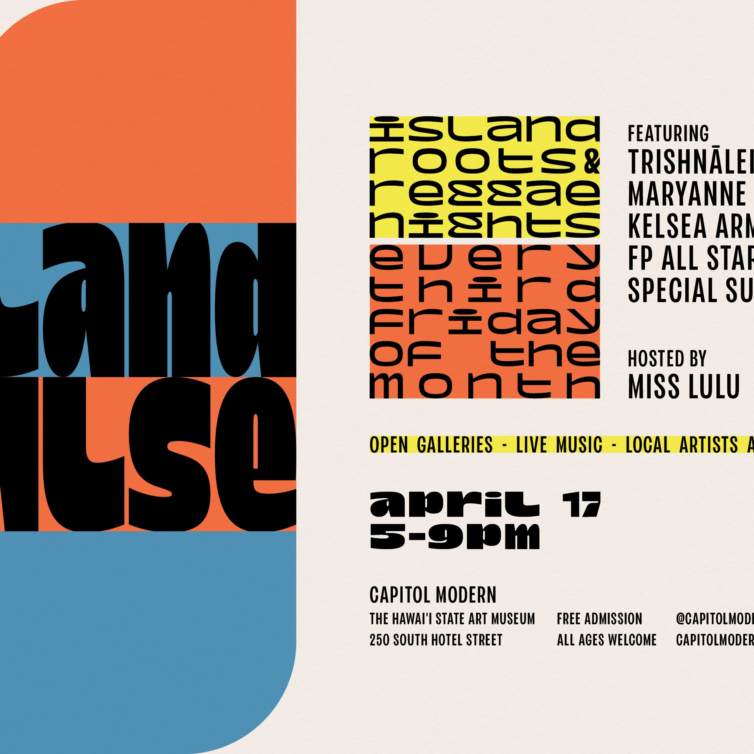 promo graphic for island pulse april 17 featuring trishnalei, maryanne ito, rexie and kelsea armsrong with f p all stars and special surprise guests.