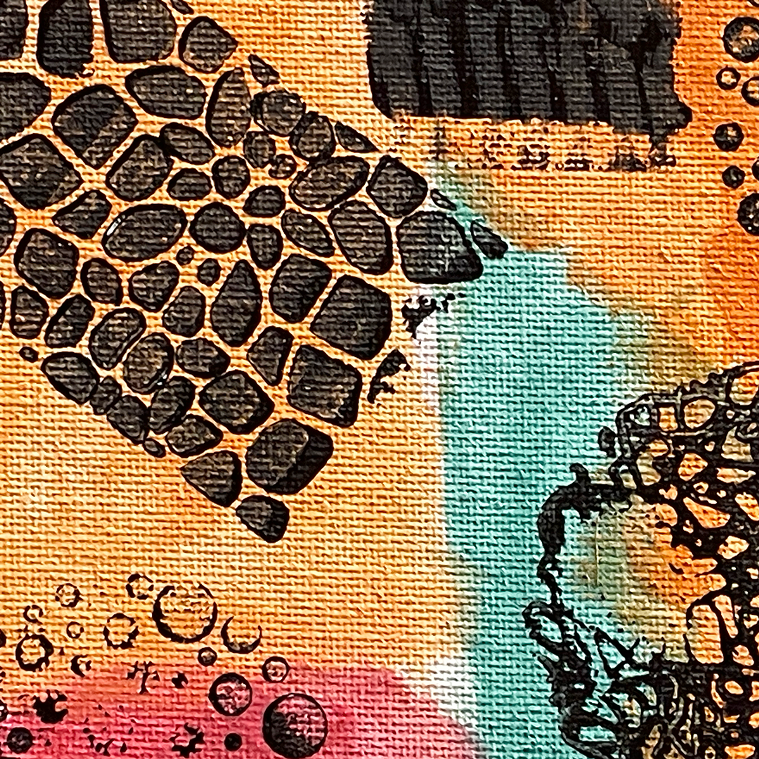 Detail from a painting done with splashes of watercolor in shades of orange, pink, turquoise, and red with patterns stamped over it in black.