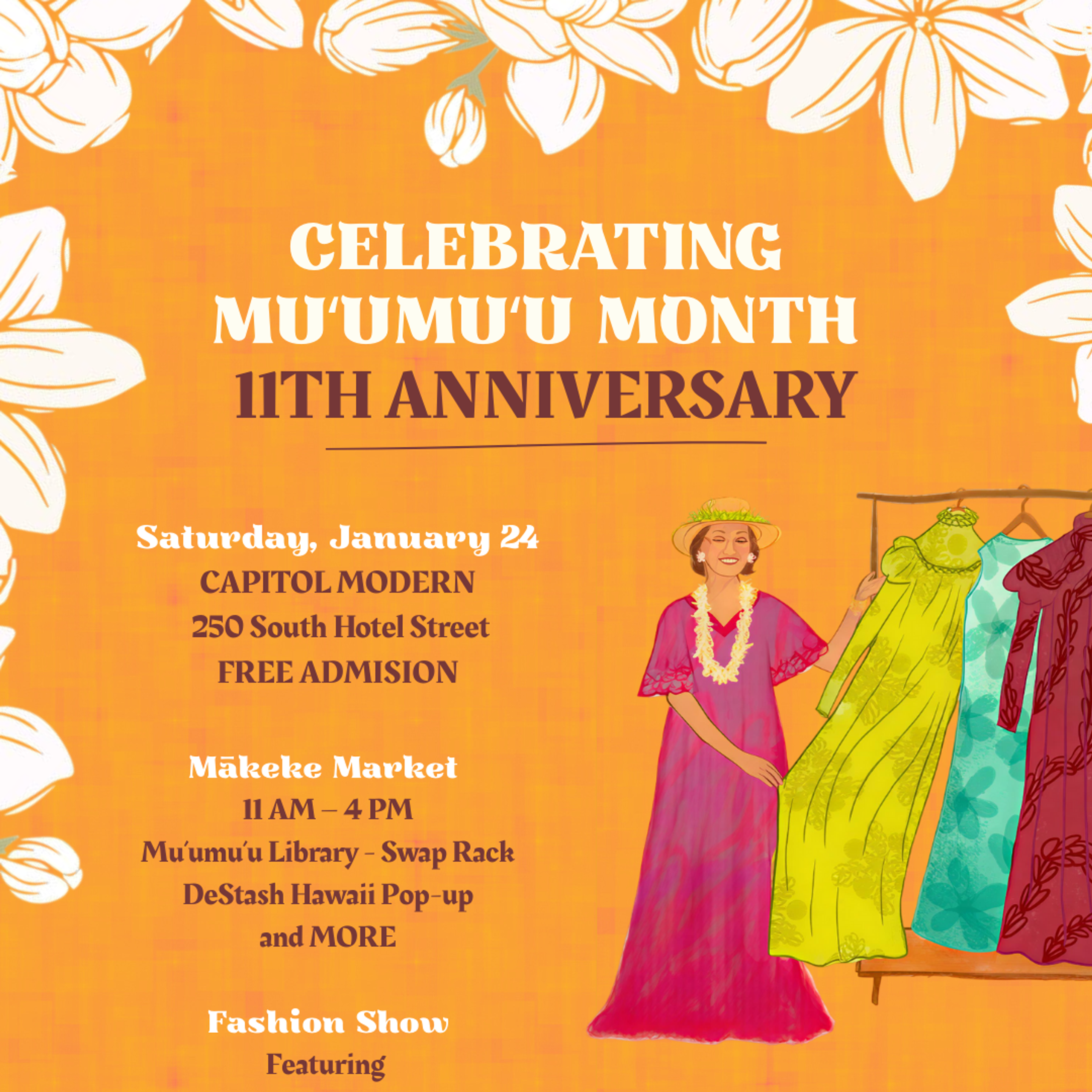 promotional graphic with illustration of person wearing muʻumuʻu and displaying a rack of muʻumuʻu garments.