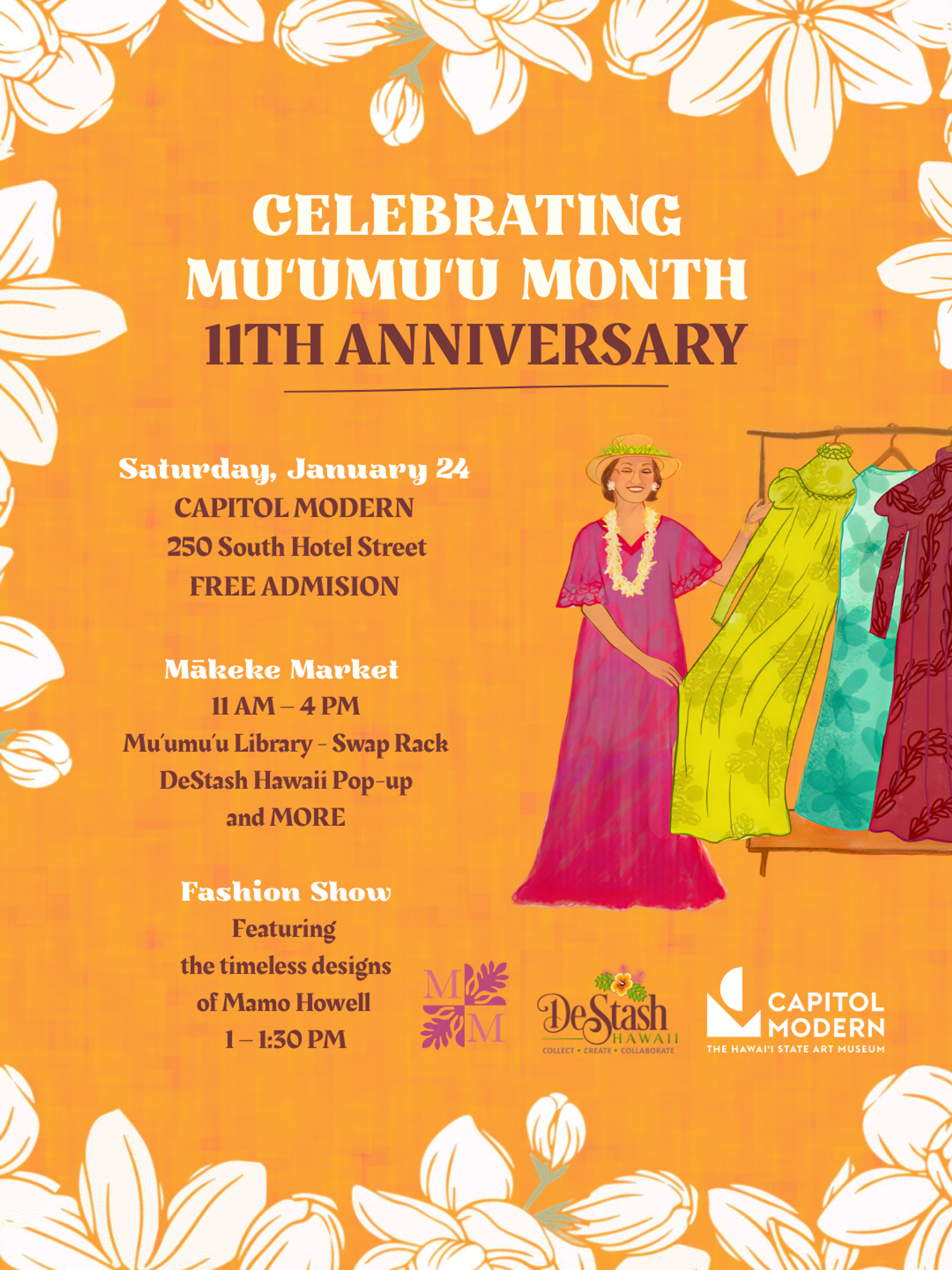 promotional graphic with illustration of person wearing muʻumuʻu and displaying a rack of muʻumuʻu garments.
