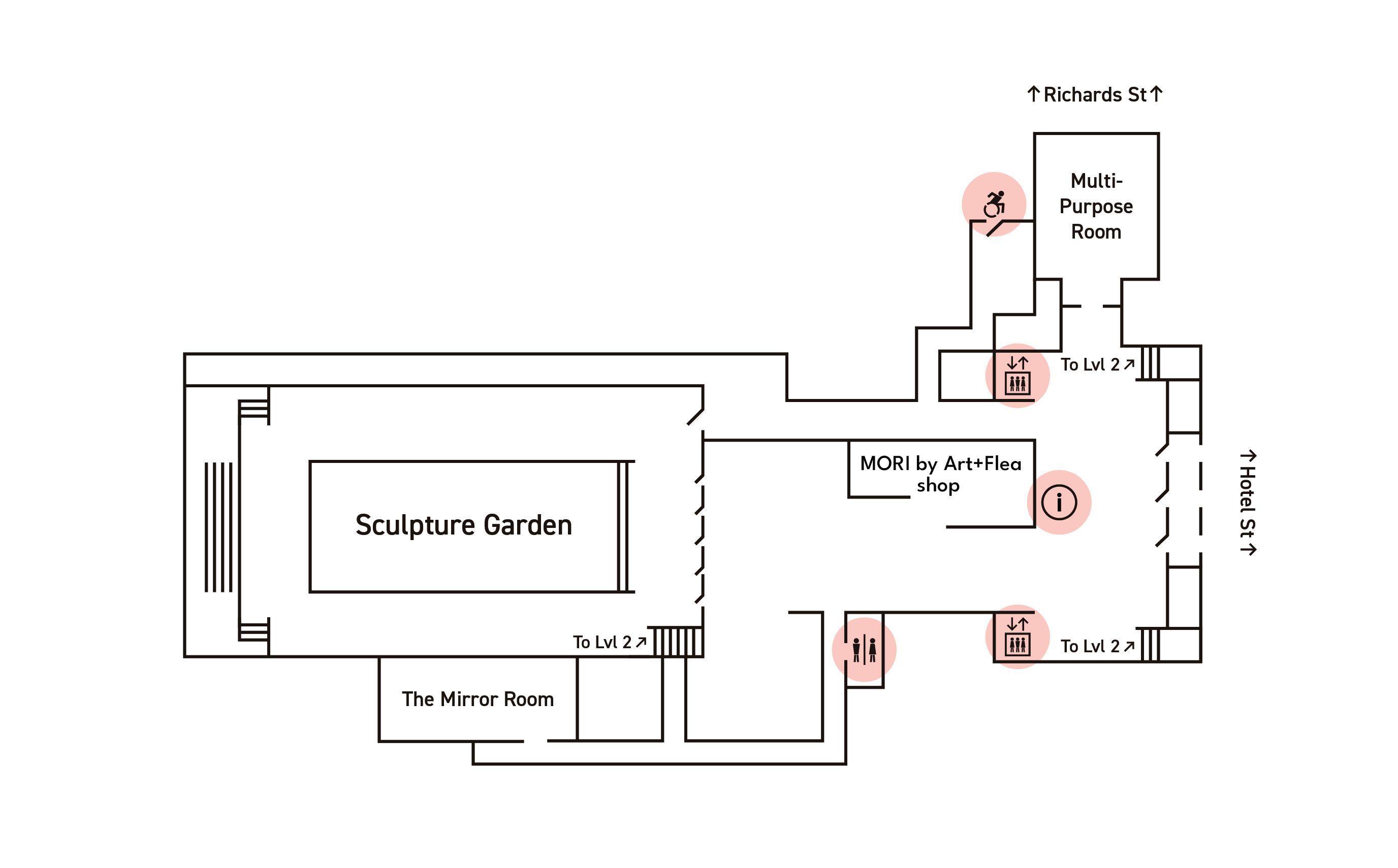 Map of ground floor showing locations of Sculpture Garden, elevators, restroom, wheelchair accessible entrance.