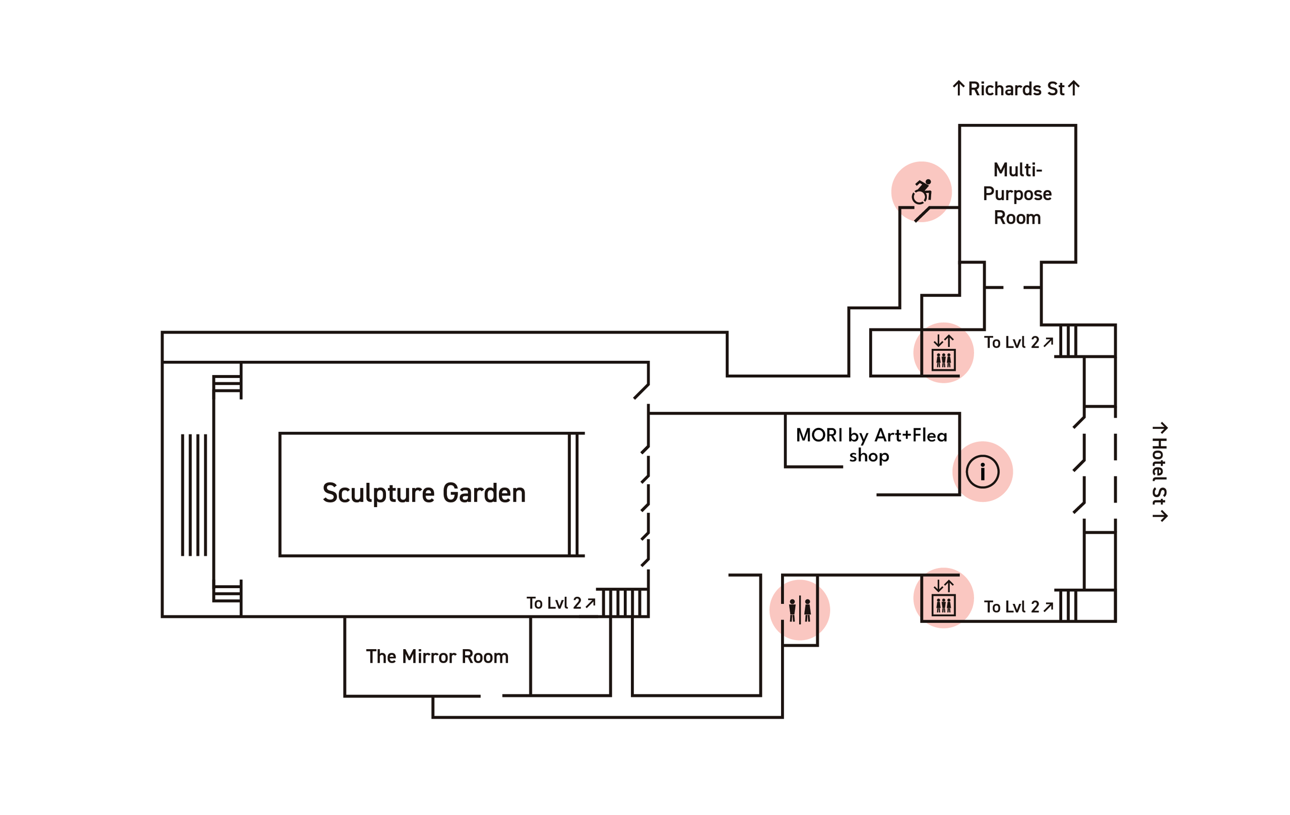 Map of ground floor showing locations of Sculpture Garden, elevators, restroom, wheelchair accessible entrance.