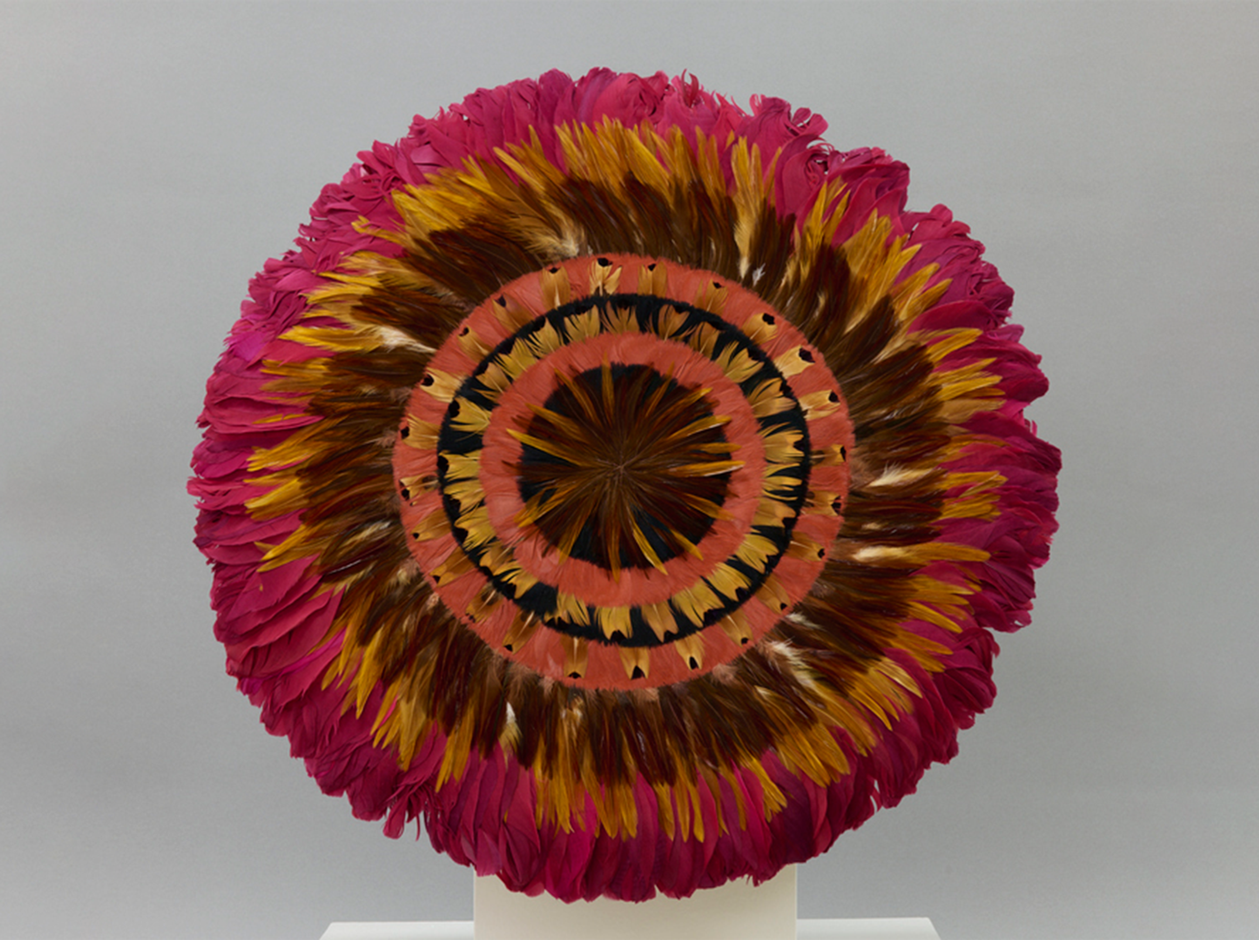 Photo of concentric circles of colorful feathers on a Hawaiian hula instrument.