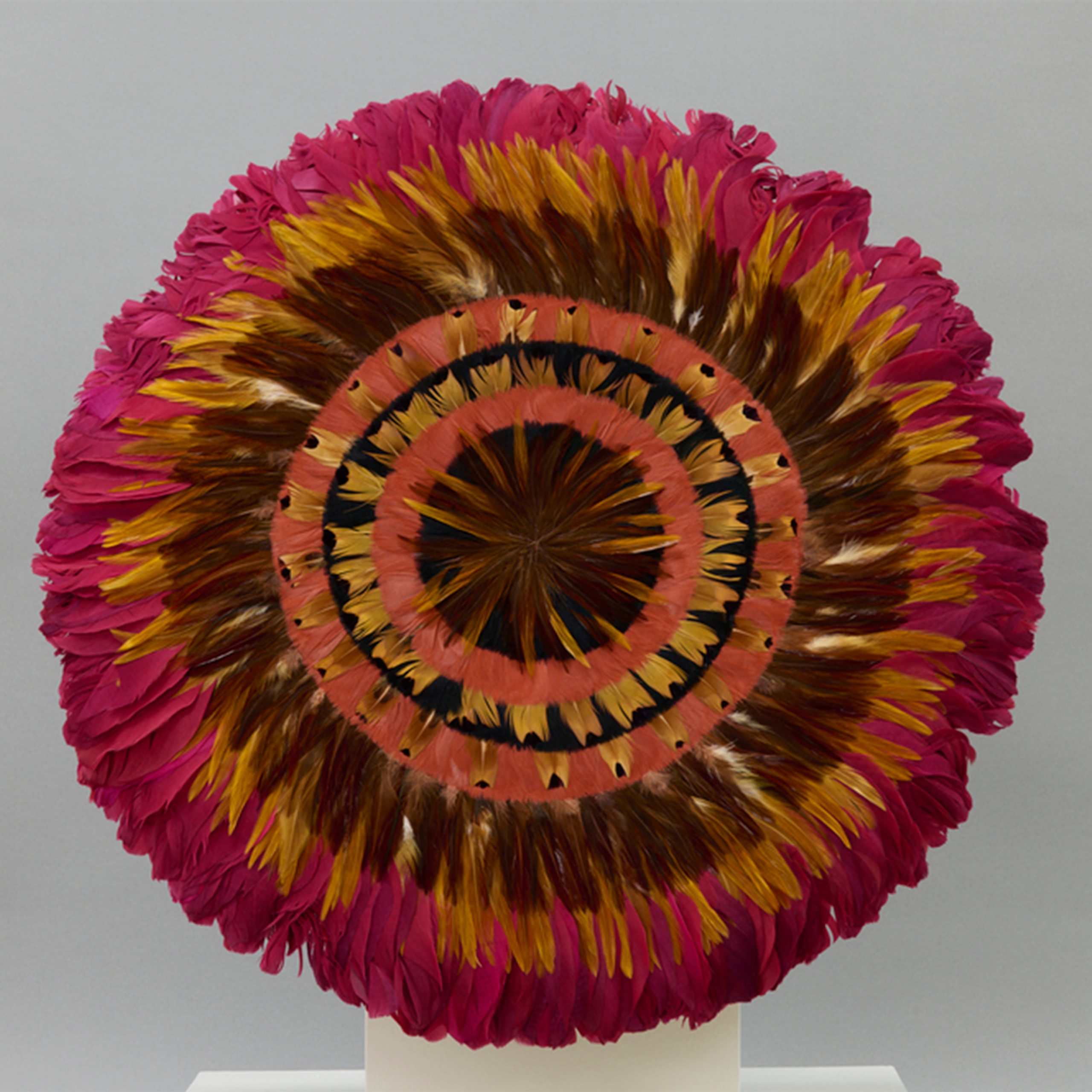 Photo of concentric circles of colorful feathers on a Hawaiian hula instrument.