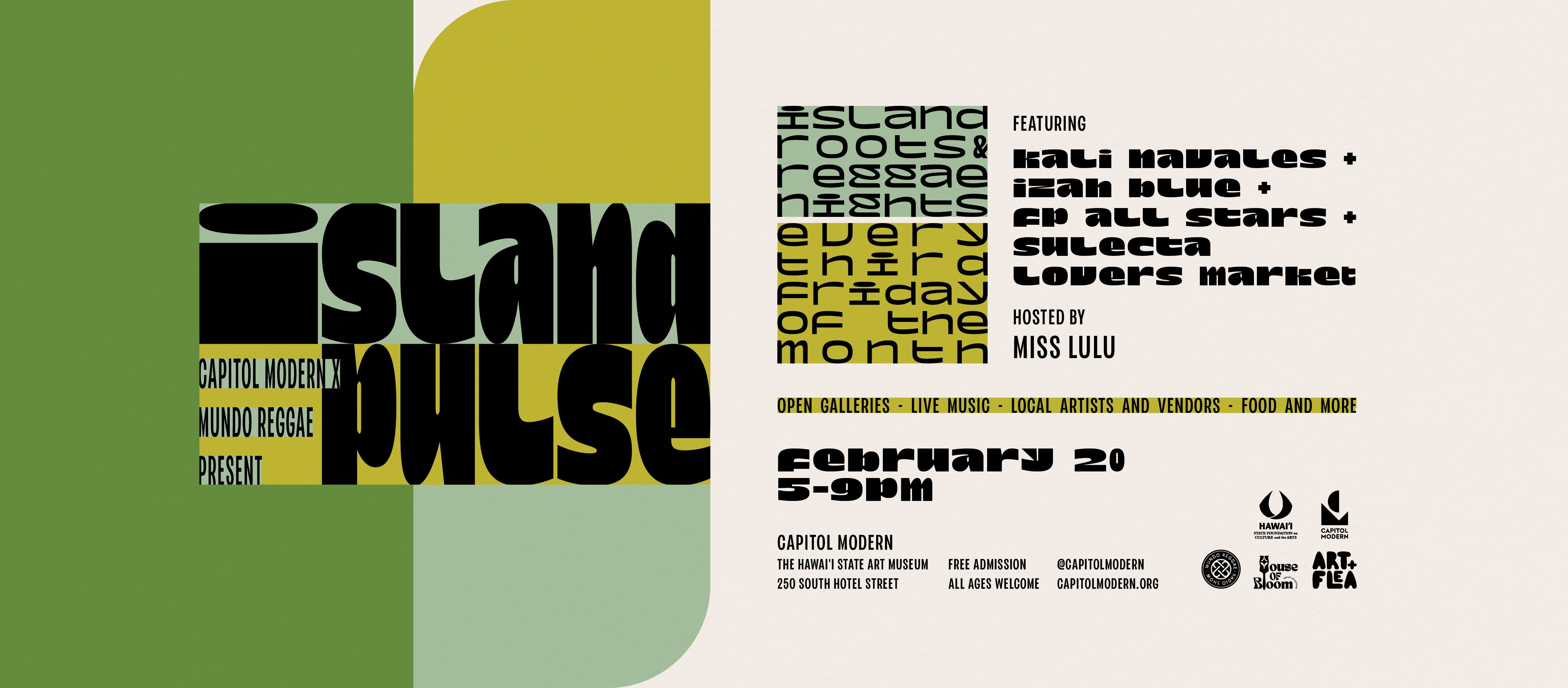promo graphic for island pulse february 20 featuring kali navales, izah blue, fb all start, sulecta lovers market.
