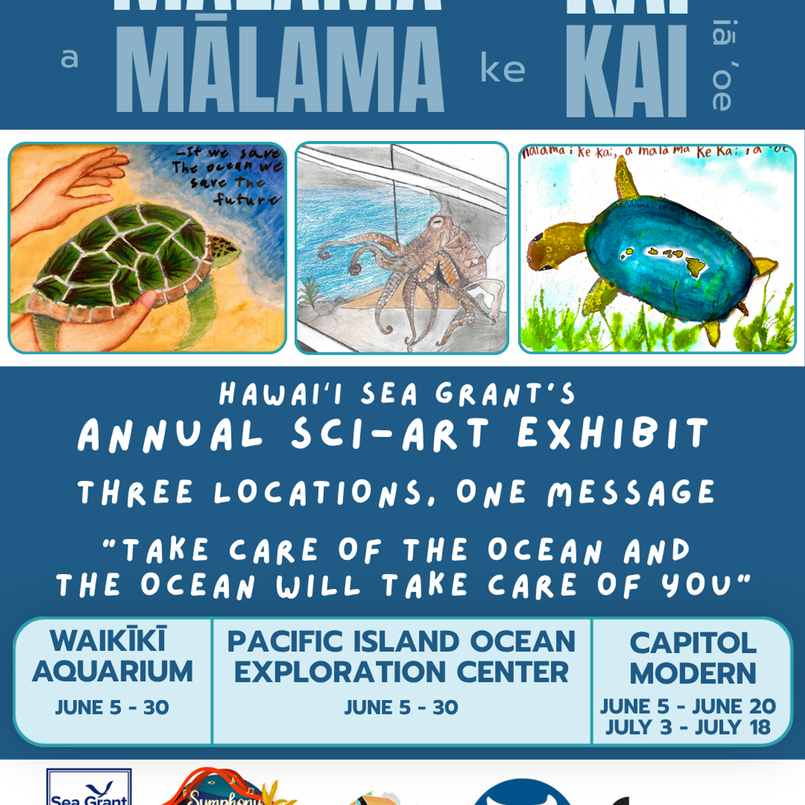 Event flyer for the Hawaiʻi Sea Grant Keiki Ocean Art Exhibit, a youth art showcase celebrating the ocean theme "E mālama i ke kai, a mālama ke kai iā ʻoe." Colorful underwater graphics frame event details for summer gallery exhibitions at the Waikīkī Aquarium, Capitol Modern, and the Pacific Islands Ocean Exploration Center.
