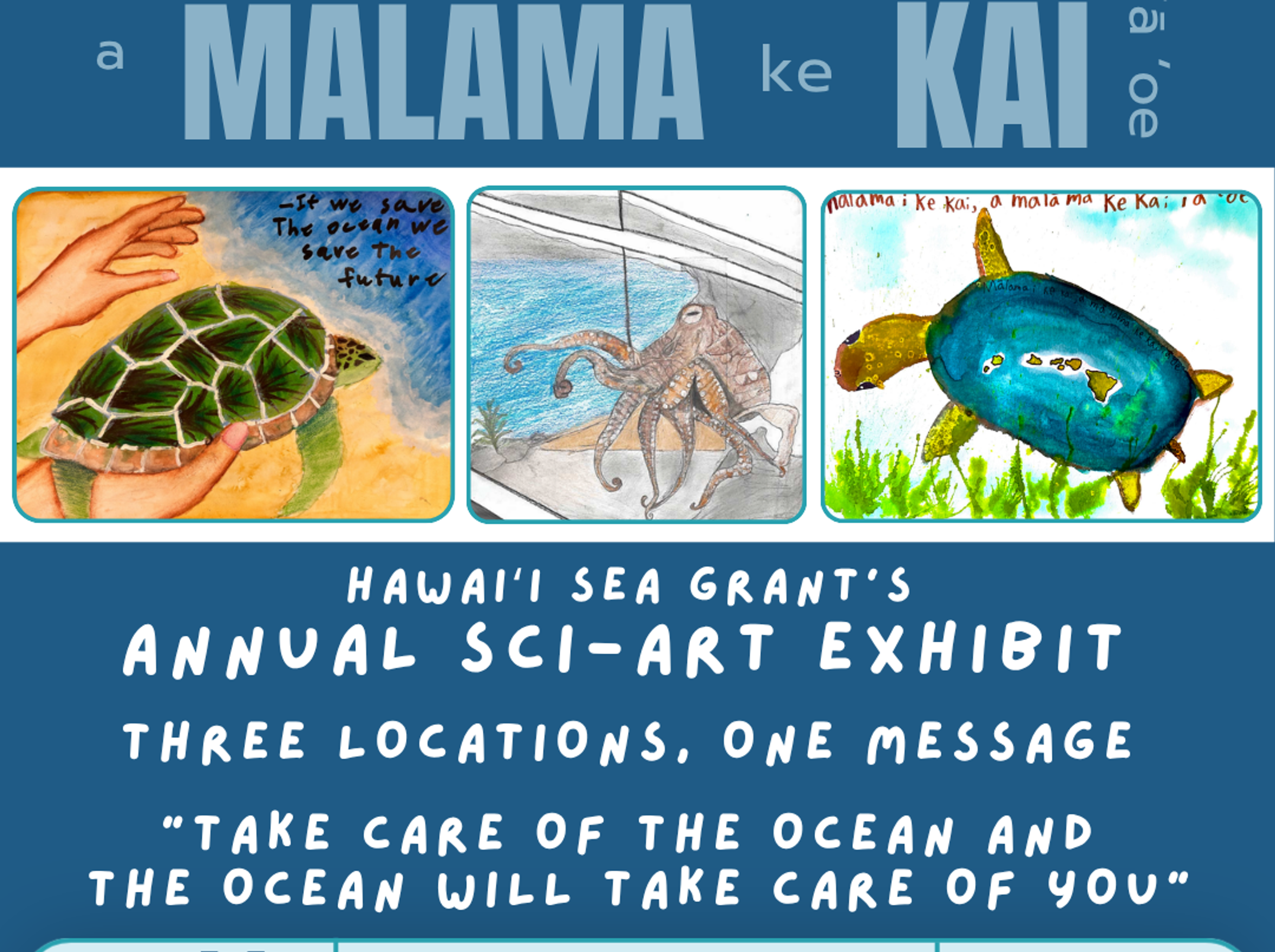 Event flyer for the Hawaiʻi Sea Grant Keiki Ocean Art Exhibit, a youth art showcase celebrating the ocean theme "E mālama i ke kai, a mālama ke kai iā ʻoe." Colorful underwater graphics frame event details for summer gallery exhibitions at the Waikīkī Aquarium, Capitol Modern, and the Pacific Islands Ocean Exploration Center.