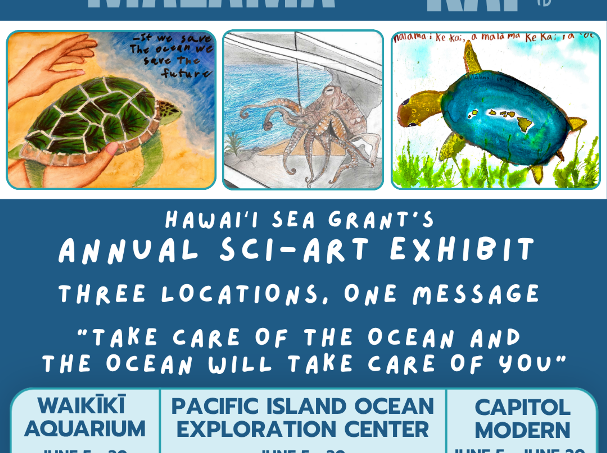 Event flyer for the Hawaiʻi Sea Grant Keiki Ocean Art Exhibit, a youth art showcase celebrating the ocean theme "E mālama i ke kai, a mālama ke kai iā ʻoe." Colorful underwater graphics frame event details for summer gallery exhibitions at the Waikīkī Aquarium, Capitol Modern, and the Pacific Islands Ocean Exploration Center.