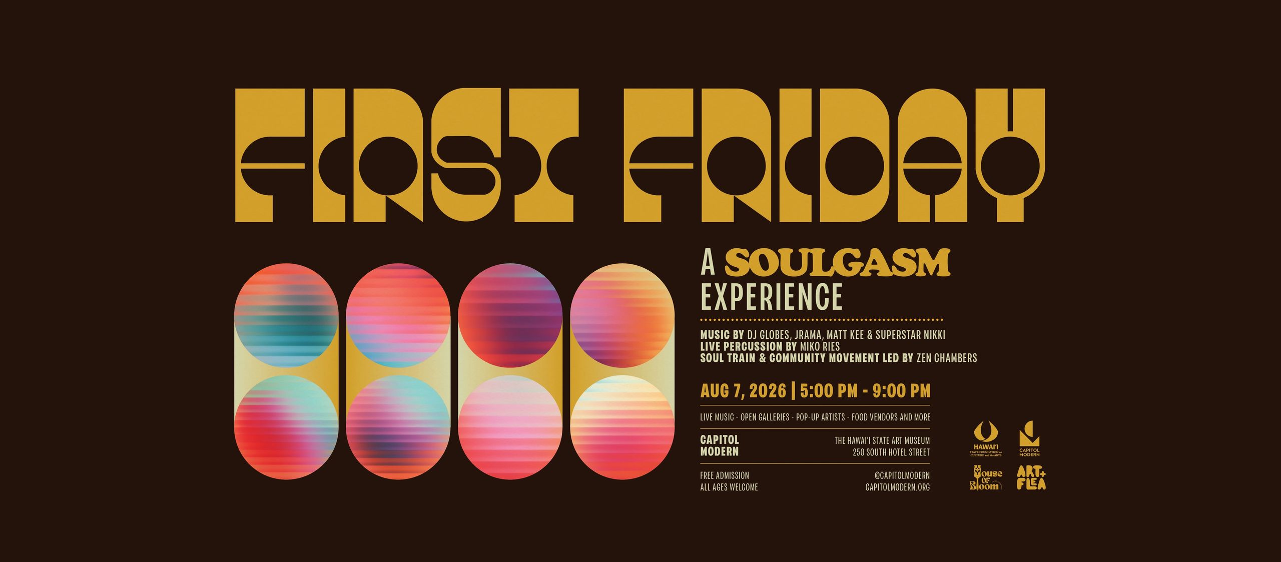 Promotional graphic for First Friday event August 7, 6:00 - 9:00 p.m.