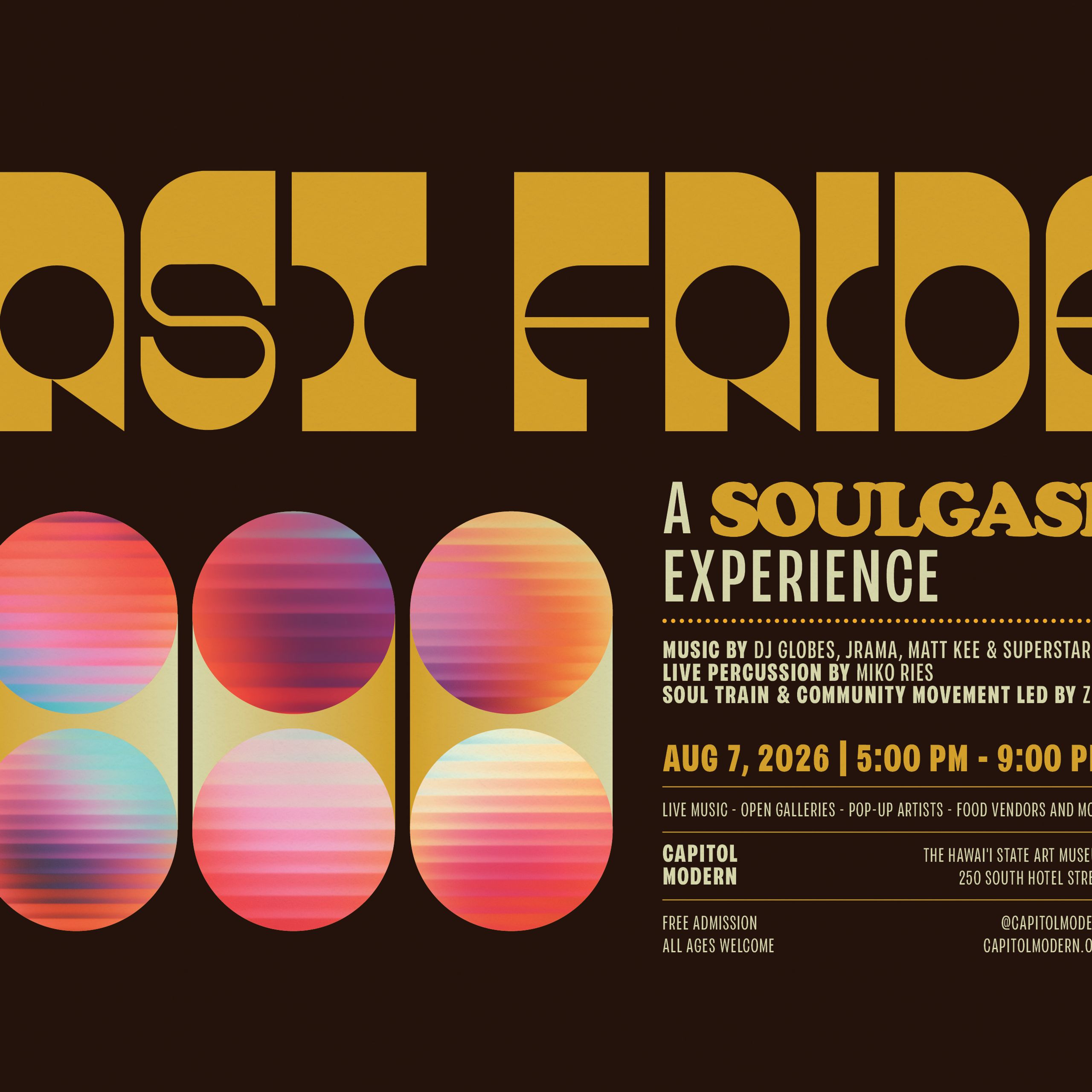 Promotional graphic for First Friday event August 7, 6:00 - 9:00 p.m.