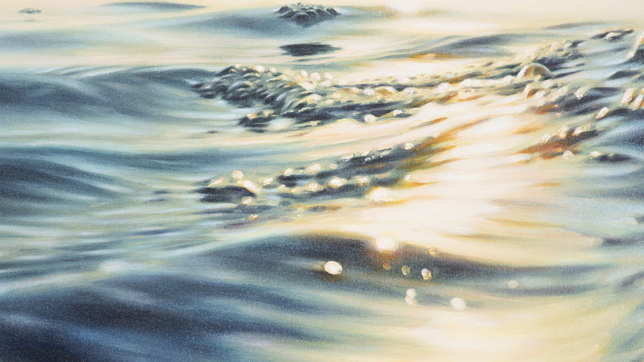 detail of oil painting depicting sunlight on ocean water