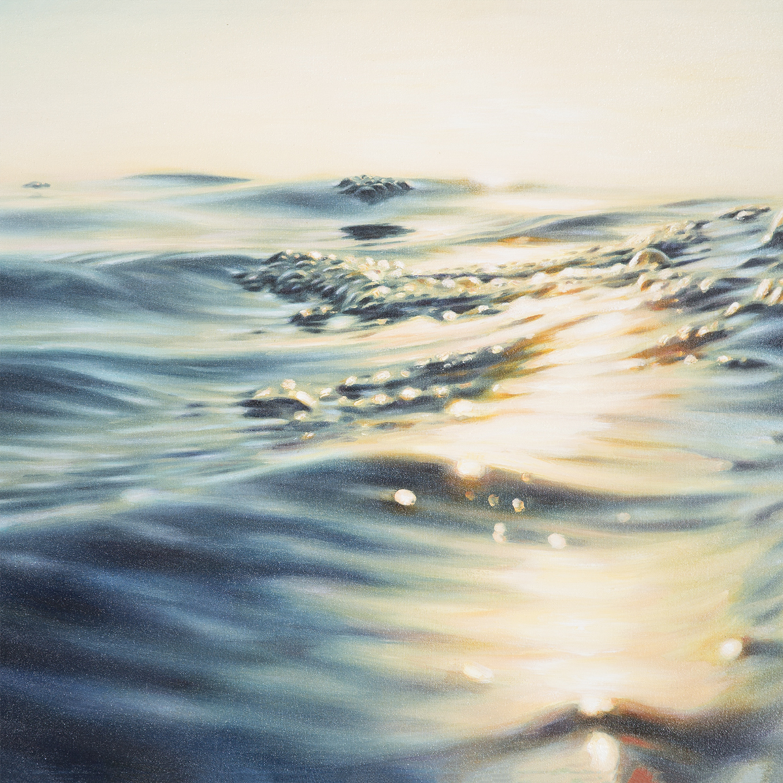 detail of oil painting depicting sunlight on ocean water