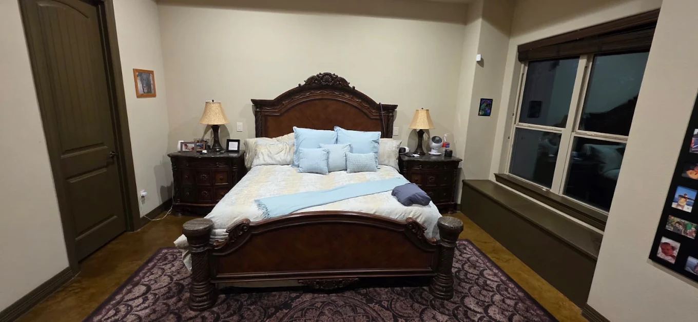 Master bedroom reset with fresh linens and vacuumed floors