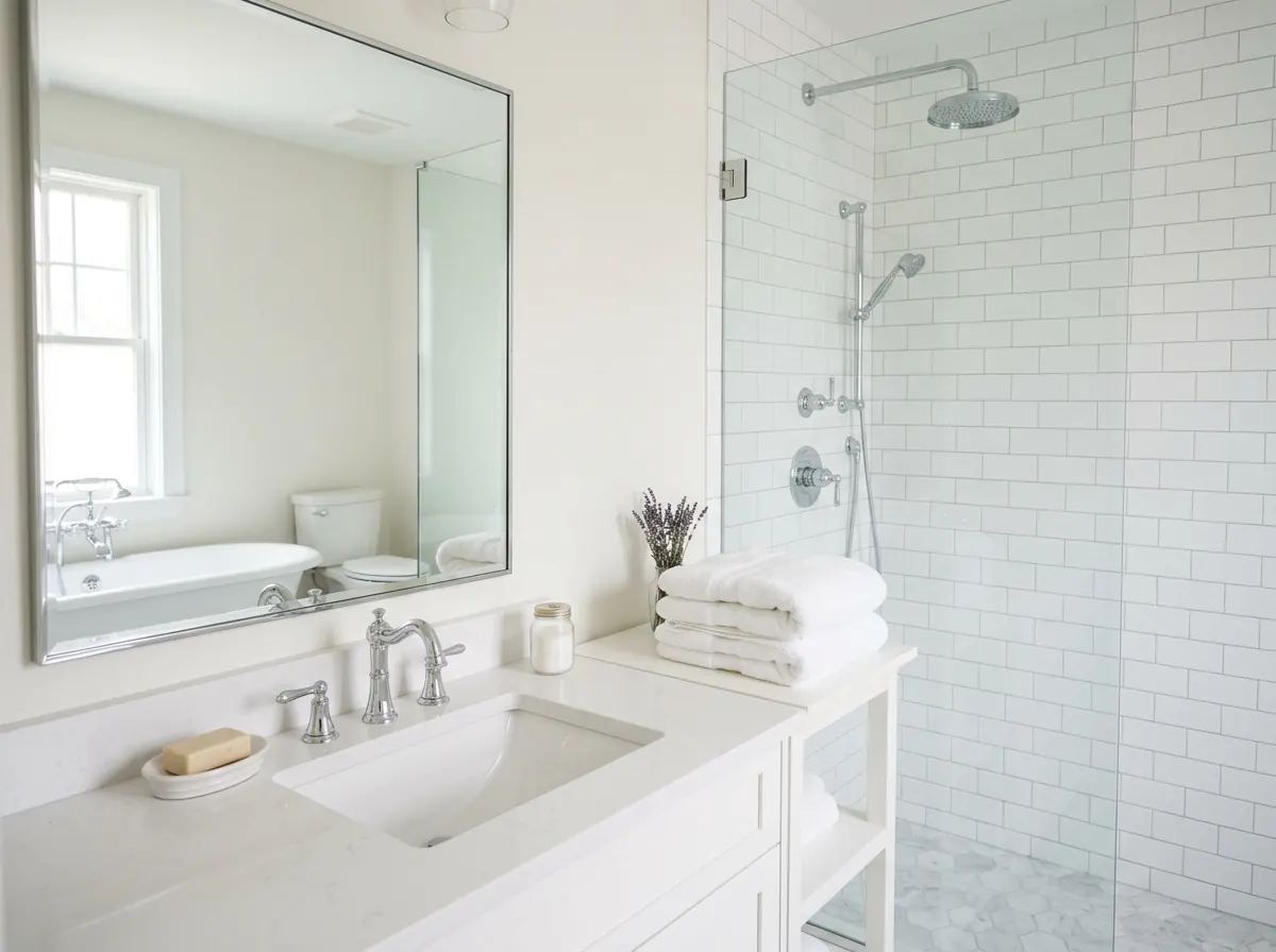 Sparkling bathroom with polished fixtures and streak-free mirror