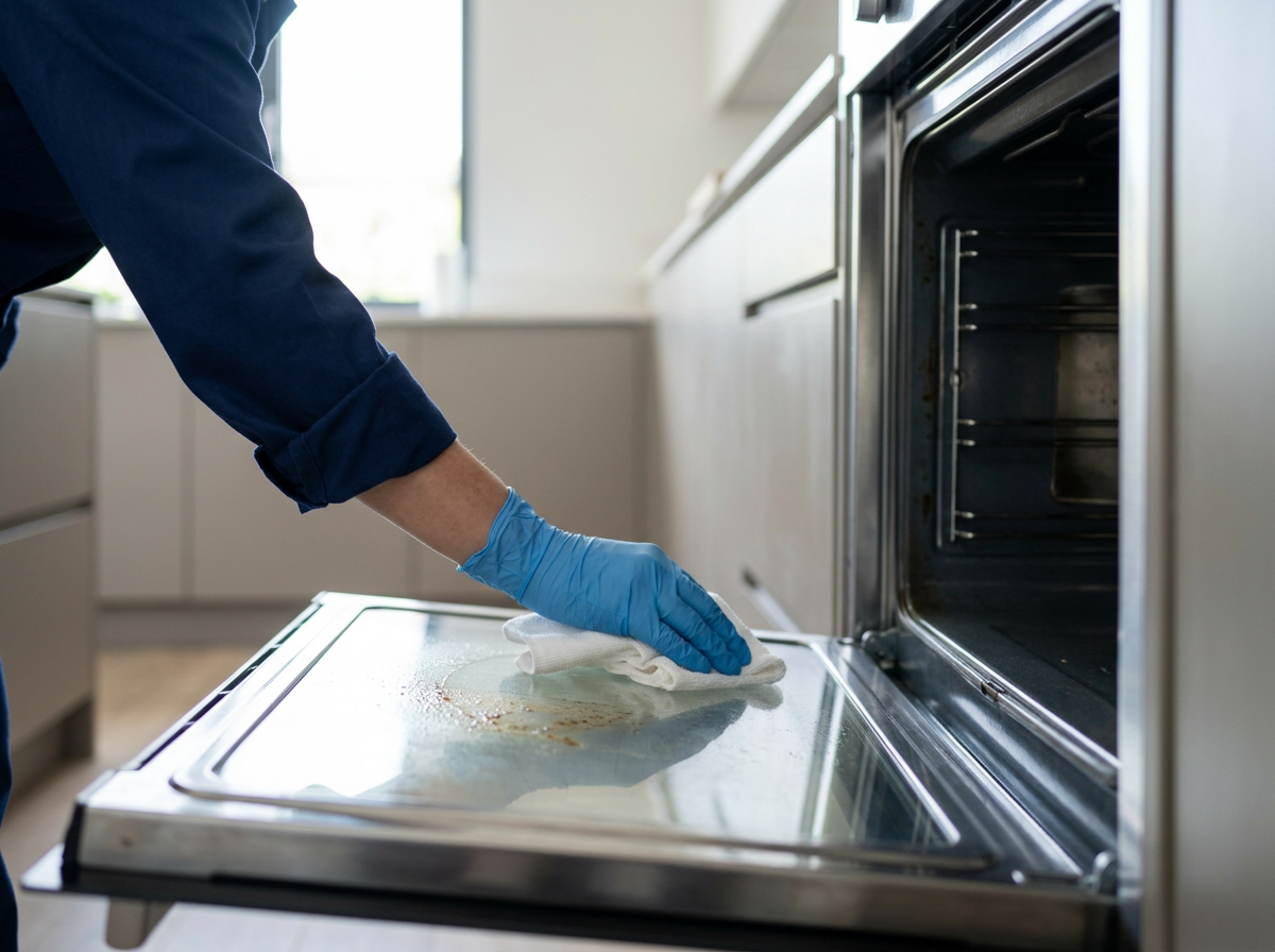 Professional cleaner wiping an oven door during a deep clean