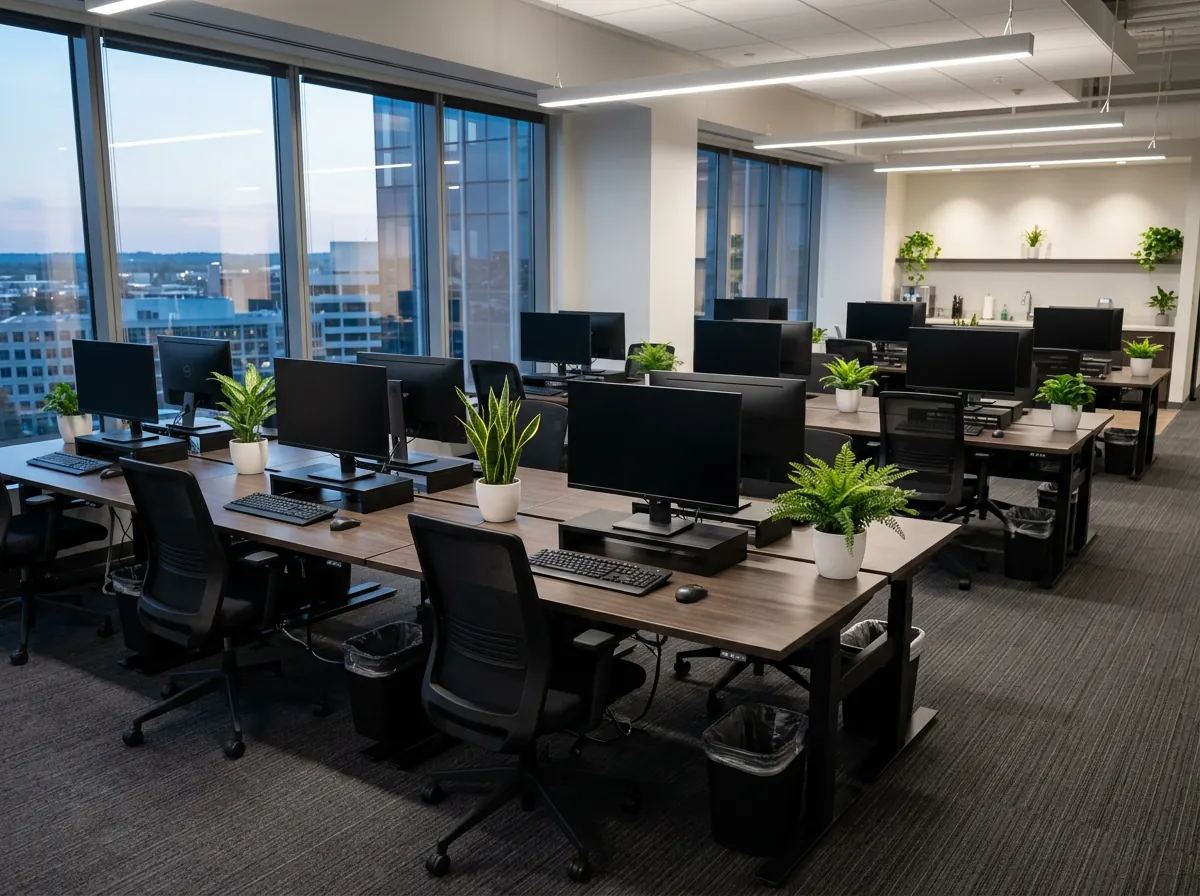 Tidy open-plan office with sanitized desks and clean floors