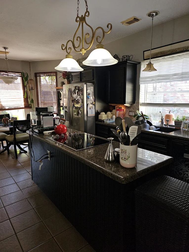 Kitchen island and counters wiped spotless