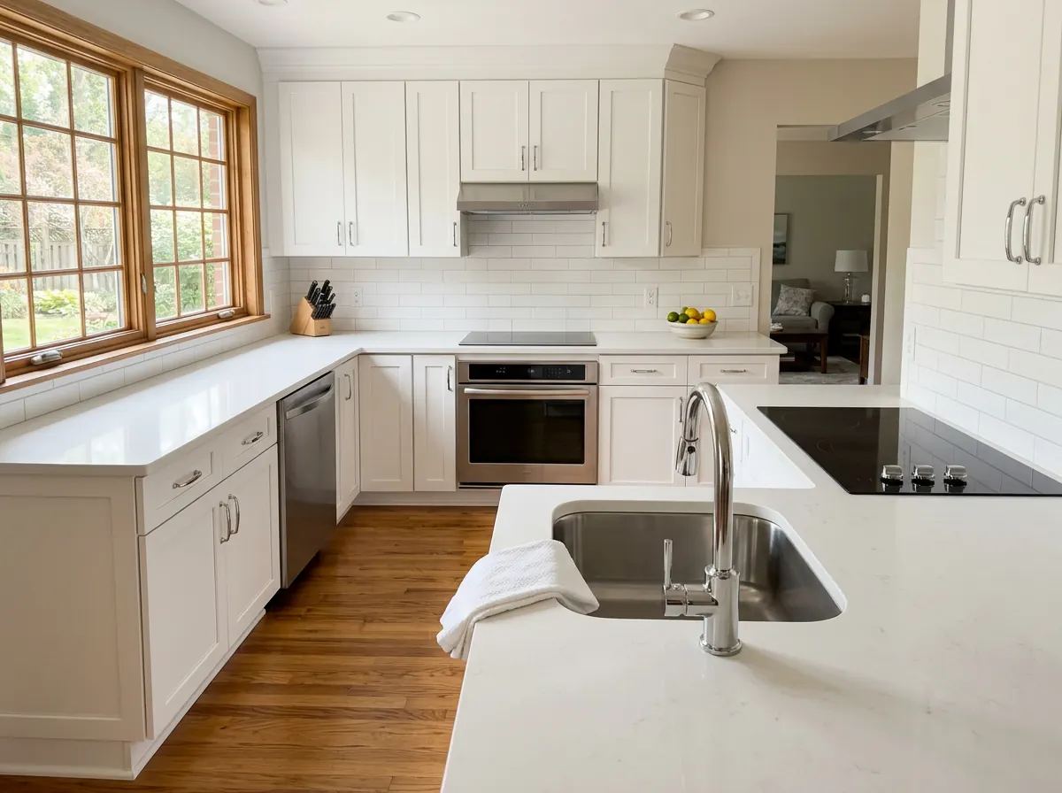 Spotless residential kitchen with gleaming countertops after a professional clean