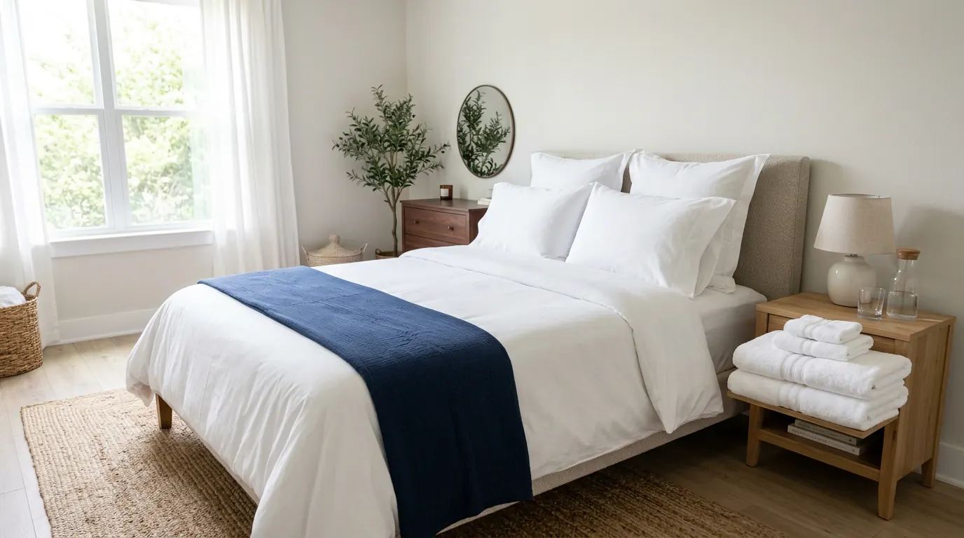 Guest-ready vacation rental bedroom with fresh white linens and folded towels