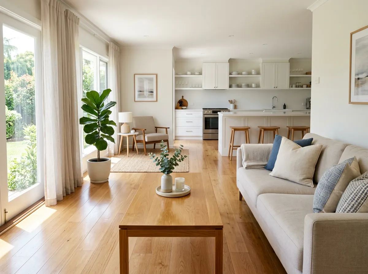 Fresh vacation rental living room prepared for arriving guests