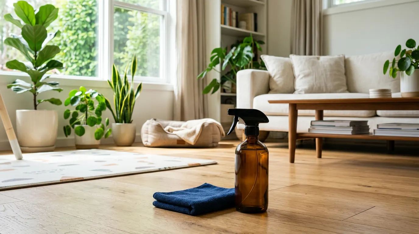 Eco-friendly cleaning spray and microfiber cloth in a child- and pet-friendly living room