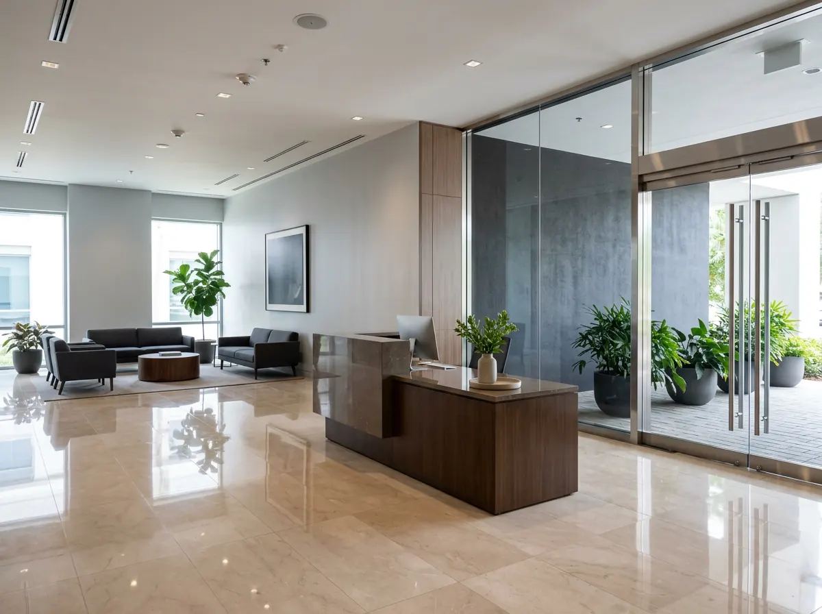 Freshly cleaned office reception lobby with polished floors