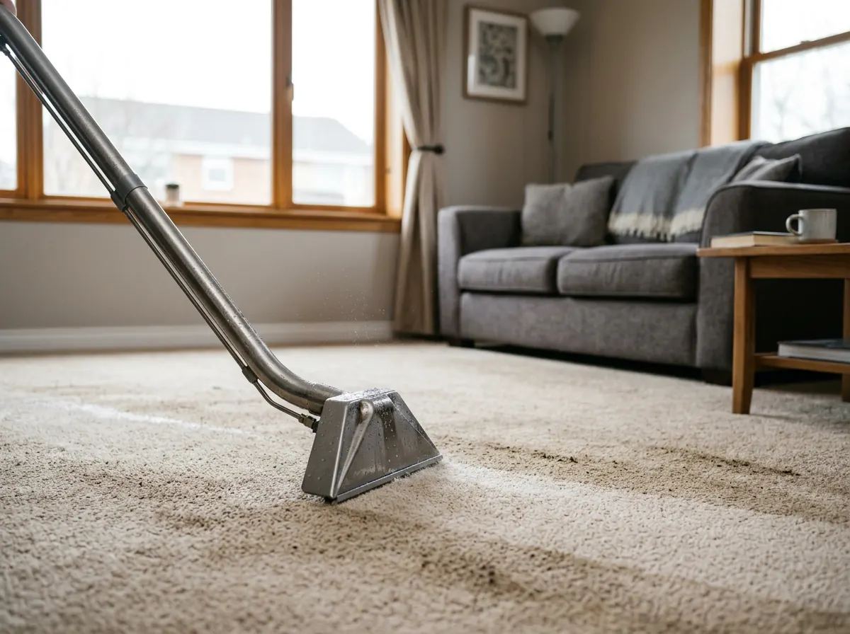 Carpet steam cleaning wand lifting dirt from a living room carpet
